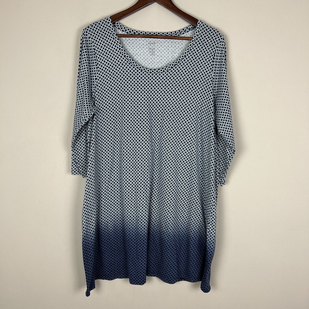 Pure J Jill Ballet Sleeve Tunic Top Womens 1X Blue Geometric Dip Dyed Flowy Plus